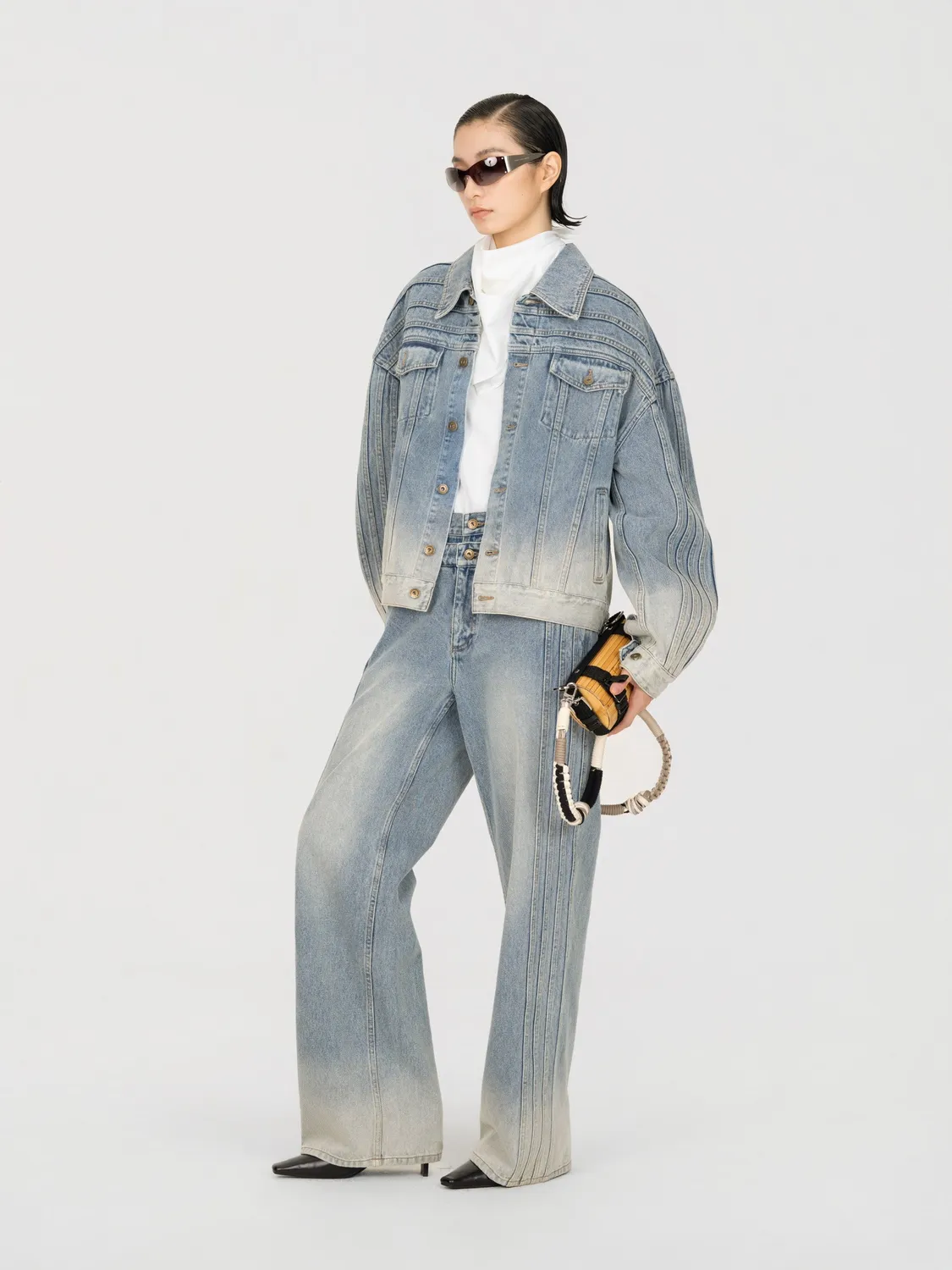 Feng Chen Wang Deconstructed denimjakke patchwork blå