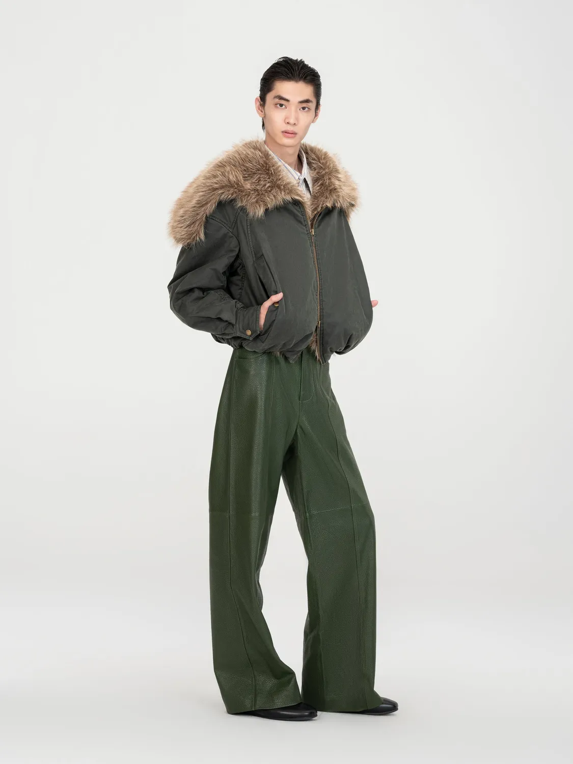 Feng Chen Wang Straight-Leg Casual læderbukser grøn