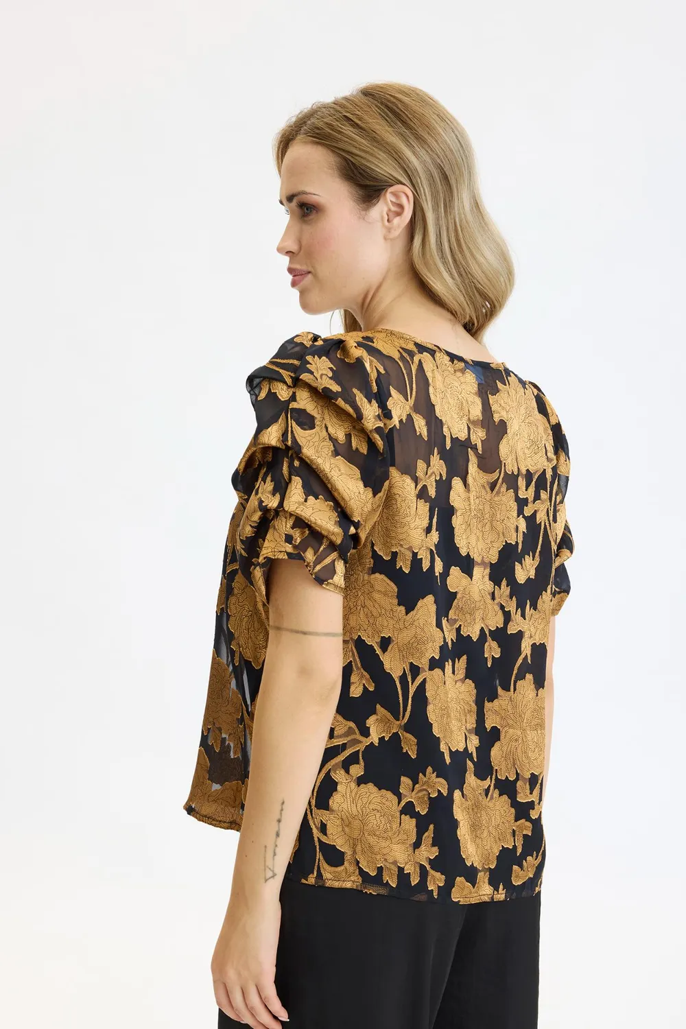 IN FRONT Elena bluse transparent guldmønster