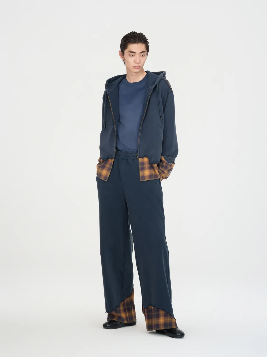 Feng Chen Wang Navy Plaid-Panel bukser ternet