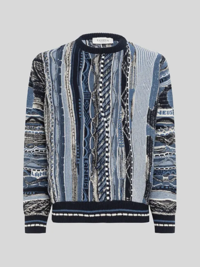 Laneus strik blå jacquard boxy merinould