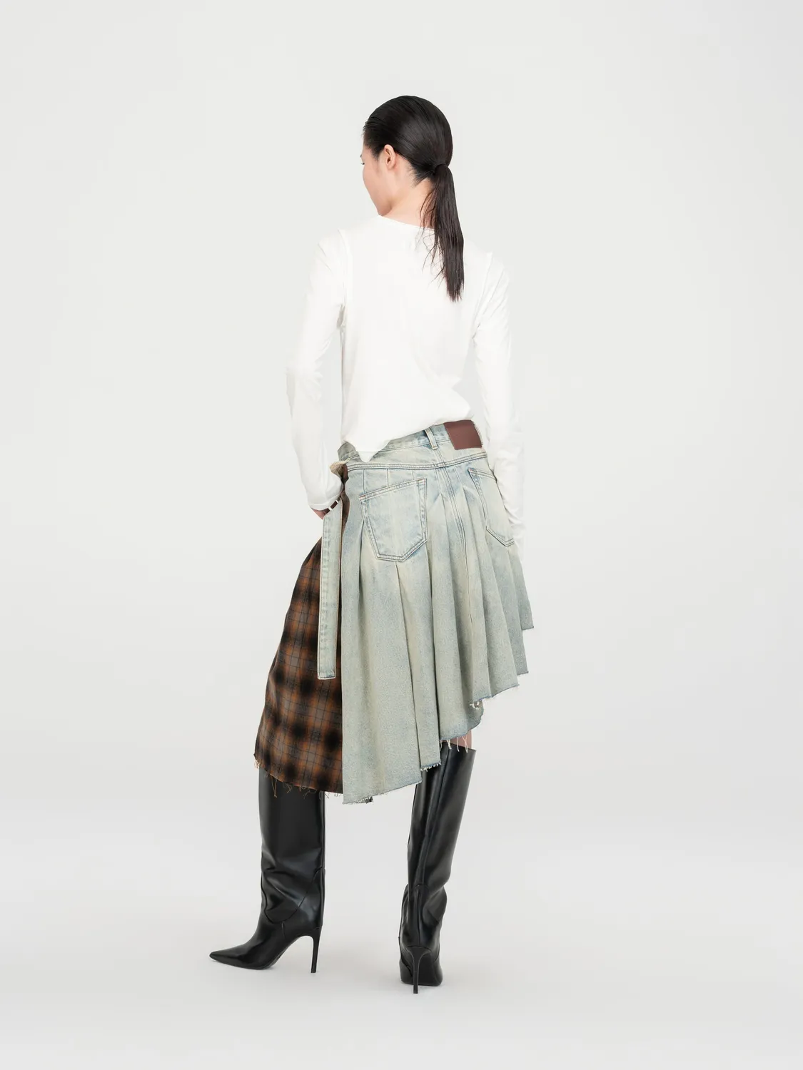 Feng Chen Wang Denim Plaid slåskørt dekonstrueret