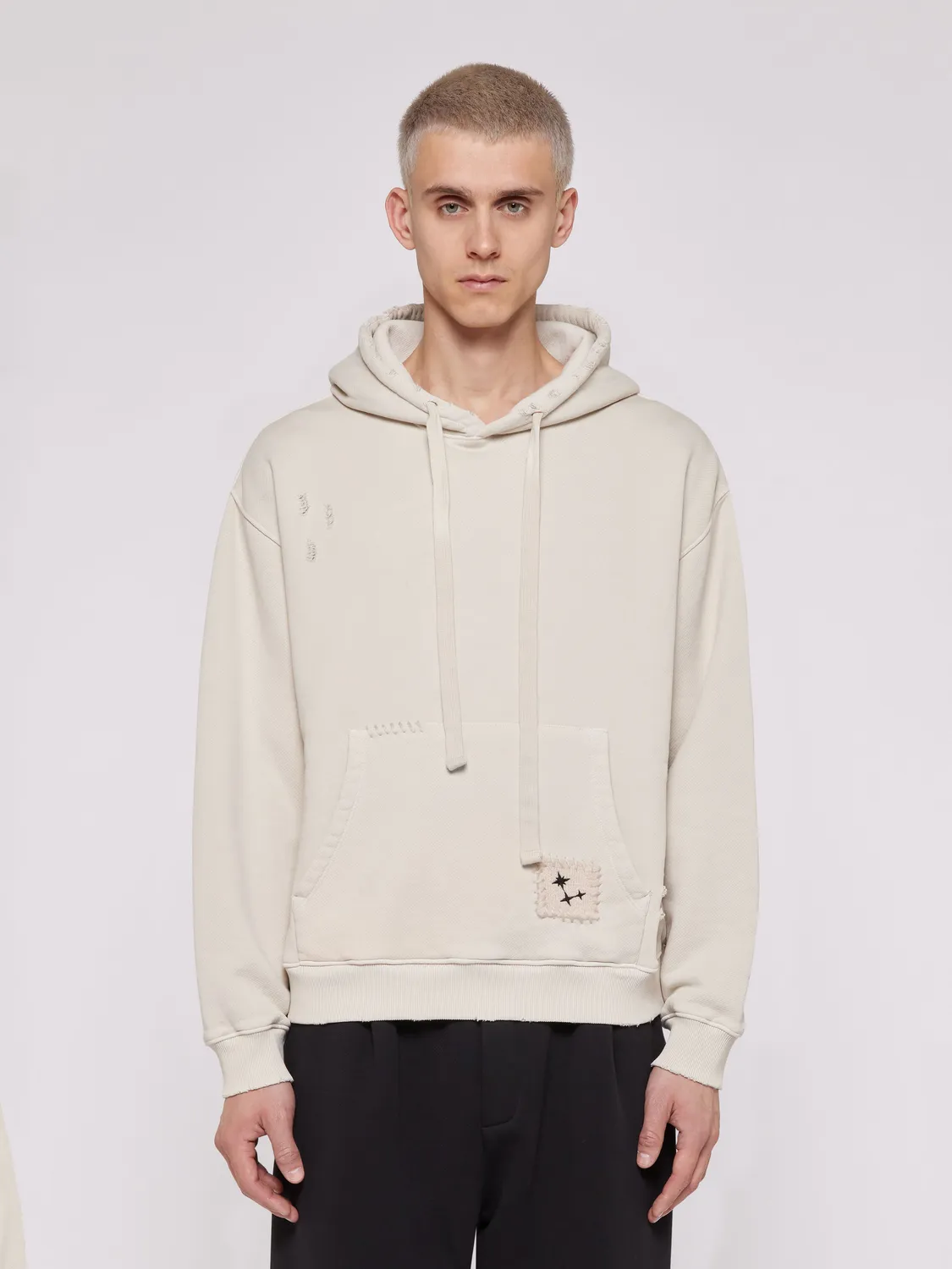 Laneus hoodie cream destroyed bomuld