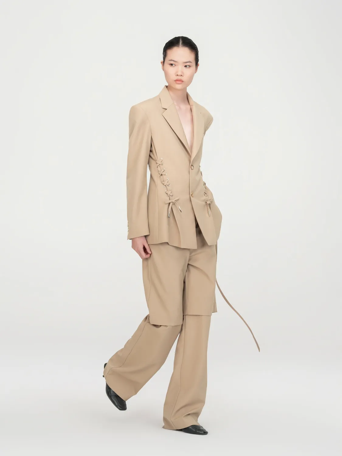 Feng Chen Wang Khaki Wool Rope-Tie blazer uld khaki