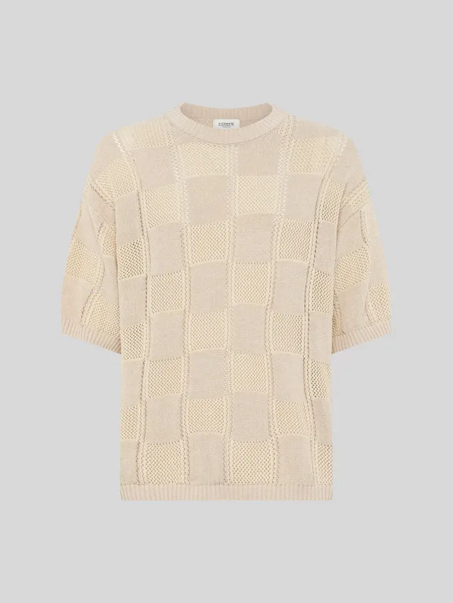 Laneus strikket t-shirt beige ternet boxy