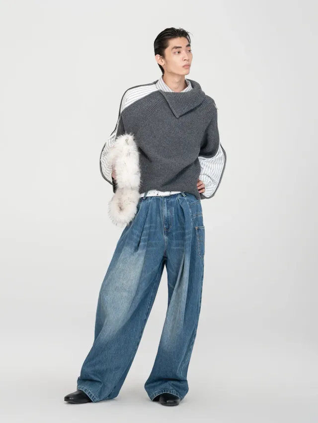 Feng Chen Wang Blue Washed Deconstructed denimbukser blå