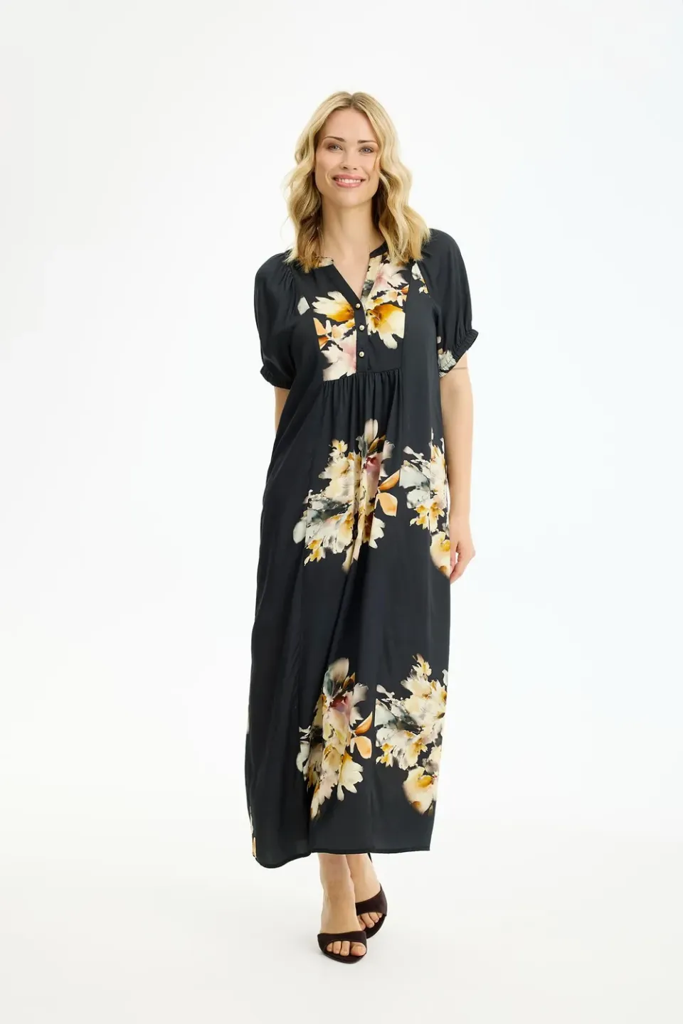 IN FRONT Linse lang kjole print v-hals