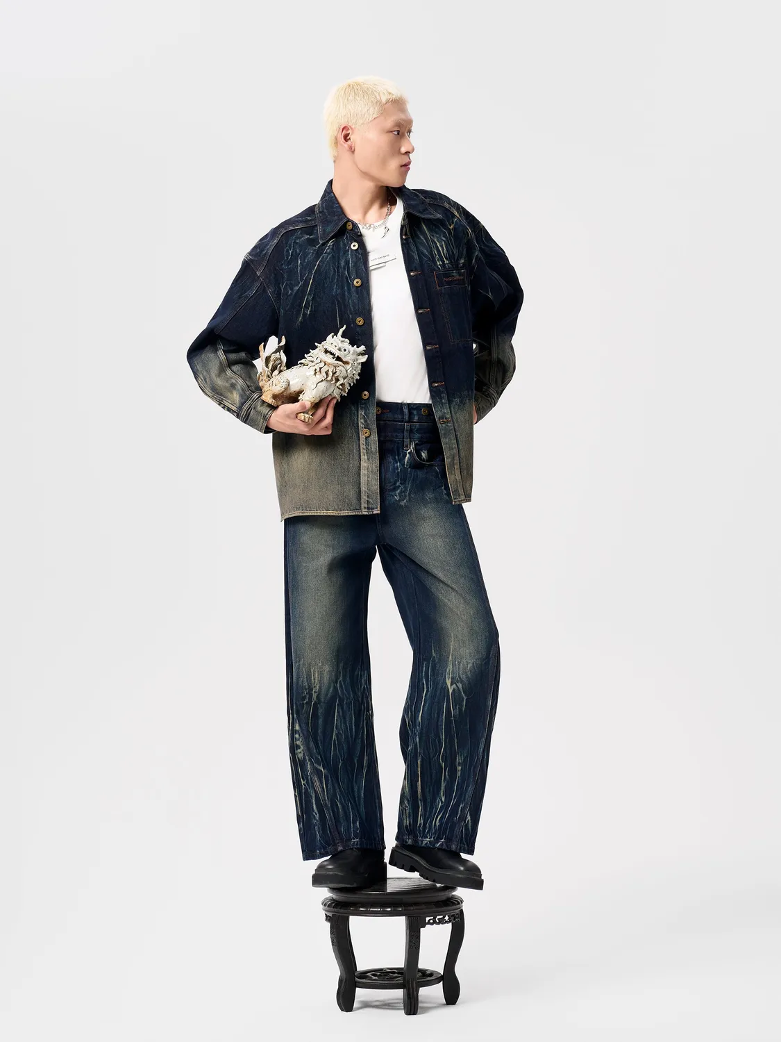 Feng Chen Wang Blue Tie-Dye skjortejakke blå denim