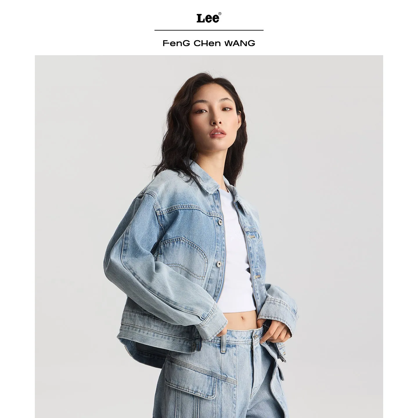 Lee x Feng Chen Wang L/S cropped denimjakke dame S-L lynlås