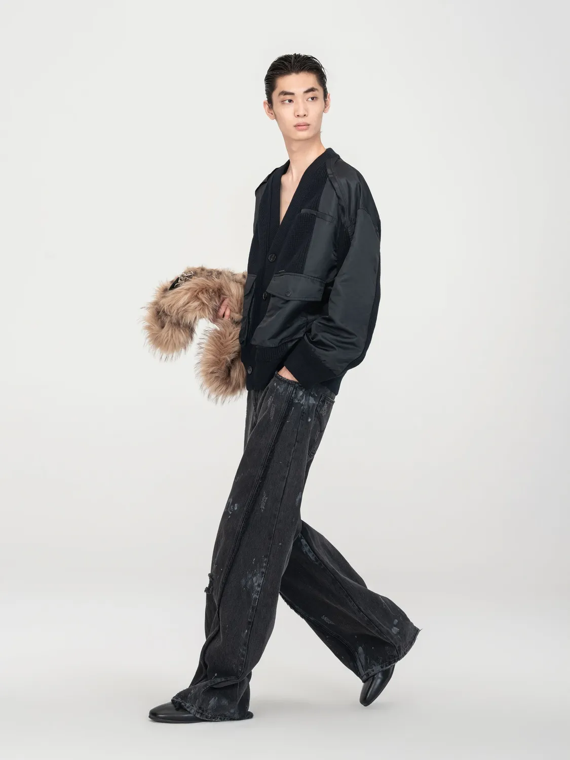 Feng Chen Wang Patchwork cardigan nylon sort mørkegrå
